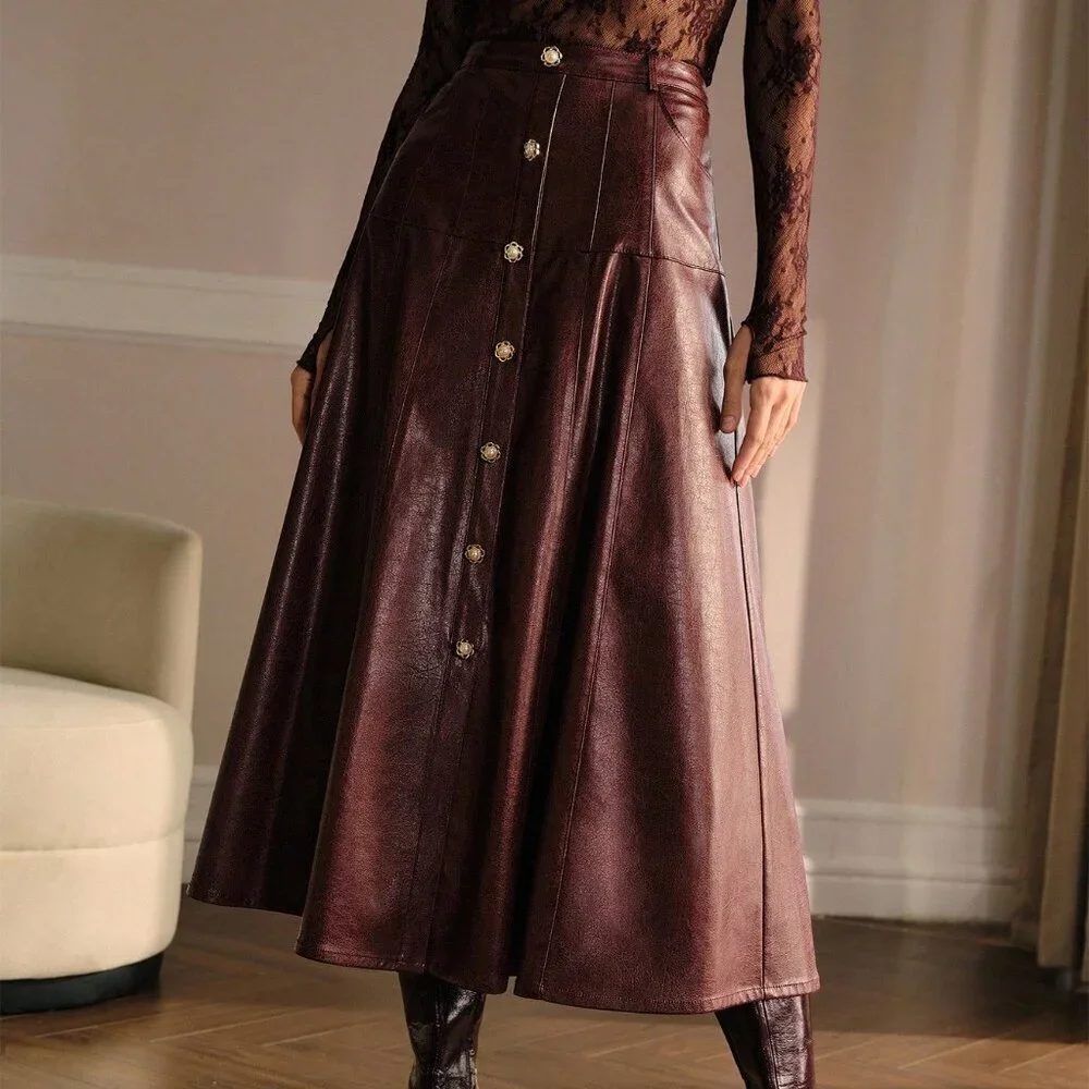 brown Elegant Women's Faux Leather Buckle Detail Skirt - Picture 5 of 6